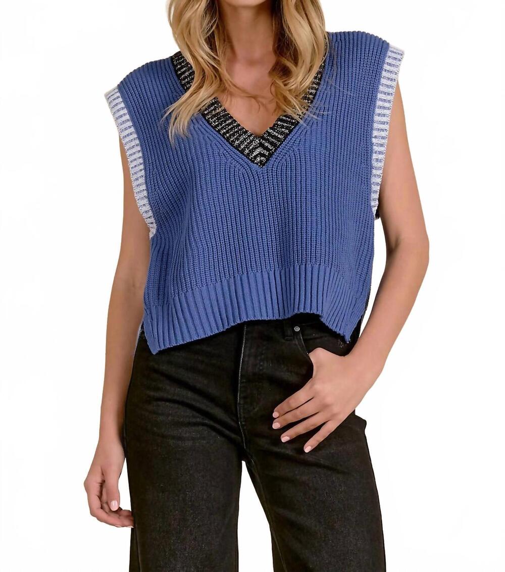 NEW ELAN short sleeve v neck sweater in sapphire blue